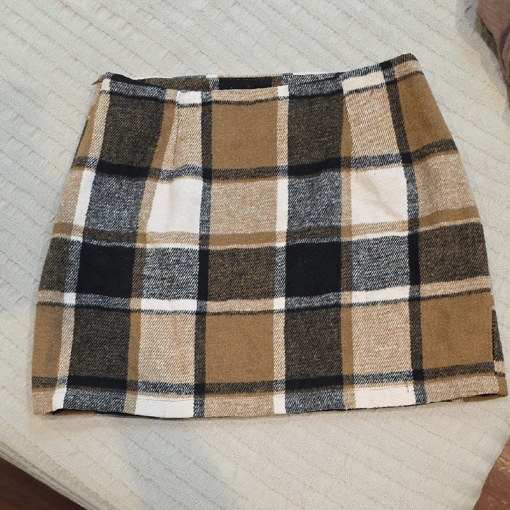 Plaid Mini Skirt in Black, White, and Tan
